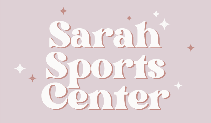 Pink rectangle with white words that say 'Sarah Sports Center' surrounded by stars